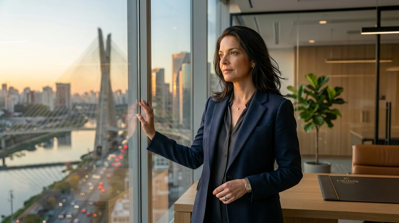 Claudia Calabuig d'Ávila observando o horizonte de São Paulo ao entardecer